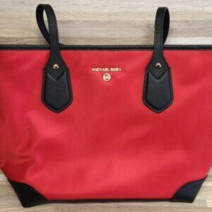 New Michael Kors Eva Top Zip Multi Pocket Small Tote Black Red NS Read